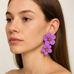 Hibiscus Tropical Double Flower Stud Earrings Lilac Gold Tone Center 2" Drop New